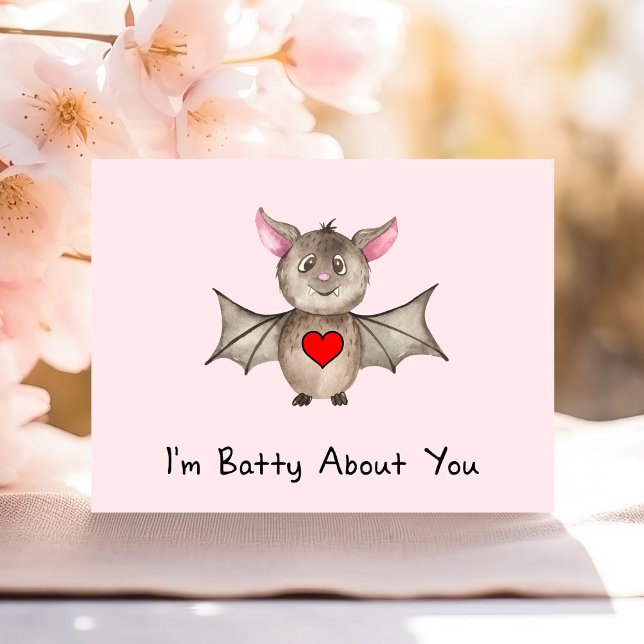 Funny I'm Batty About You Valentine Watercolor Bat Postcard (Creator Uploaded)