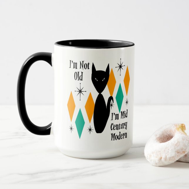 Funny I'm Not Old I'm Mid Century Modern Black Cat Mug (With Donut)