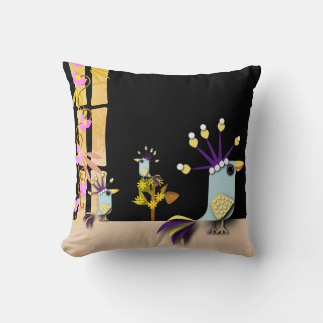Funny Imaginary Birds Throw Pillow (Front)