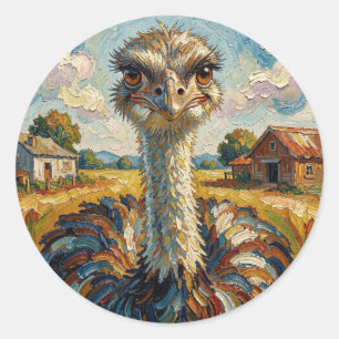 Funny Impasto Ostrich on a Ranch  Classic Round Sticker