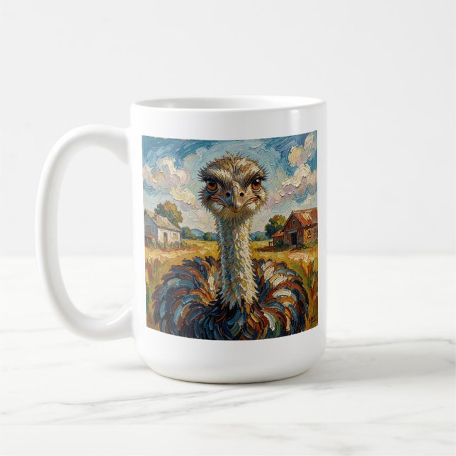 Funny Impasto Ostrich on a Ranch Personalised Coffee Mug (Left)