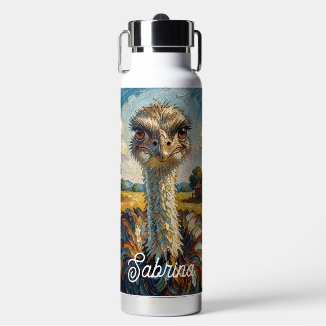 Funny Impasto Ostrich on a Ranch Personalized Water Bottle (Front)