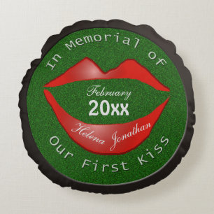 Funny In Memory of Couple's First Kiss Black Round Cushion