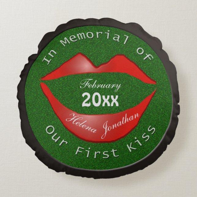 Funny In Memory of Couple's First Kiss Black Round Cushion (Front)