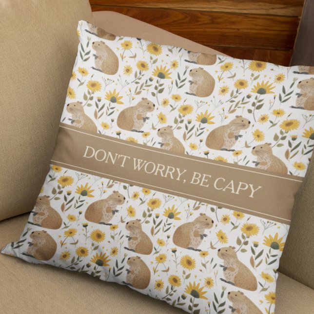 Funny Inspirational Capybara Cushion (cute funny inspirational capybara floral pillow with sunflower pattern, don't worry be happy)
