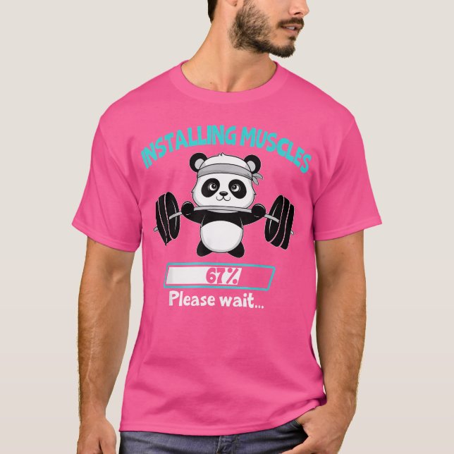 Funny Installing Muscle Panda Weight Lifting Barbe T-Shirt (Front)