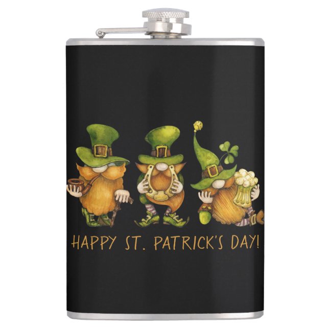 Funny Irish Gnomes Happy St Patrick's Day Hip Flask (Front)