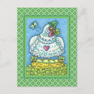 FUNNY IRISH HEN, GREEN EGGS AND SHAMROCKS CUTE HOLIDAY POSTCARD