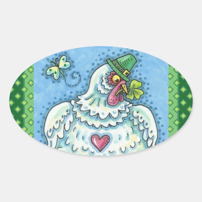 FUNNY IRISH HEN, GREEN EGGS AND SHAMROCKS CUTE OVAL STICKER (Front)