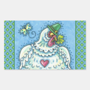 FUNNY IRISH HEN, GREEN EGGS AND SHAMROCKS CUTE RECTANGULAR STICKER