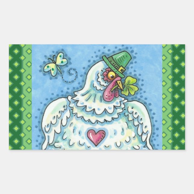 FUNNY IRISH HEN, GREEN EGGS AND SHAMROCKS CUTE RECTANGULAR STICKER (Front)