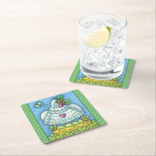FUNNY IRISH HEN, GREEN EGGS AND SHAMROCKS CUTE SQUARE PAPER COASTER