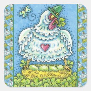 FUNNY IRISH HEN, GREEN EGGS AND SHAMROCKS CUTE SQUARE STICKER