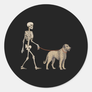Funny Irish Wolfhound Skeleton Dog Walking Classic Round Sticker