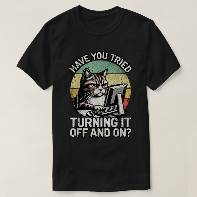 Funny IT Cat Tech Support Retro Shirt (Design Front)