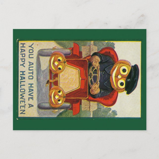 Funny jack-o-lantern in a car Halloween postcard (Front)