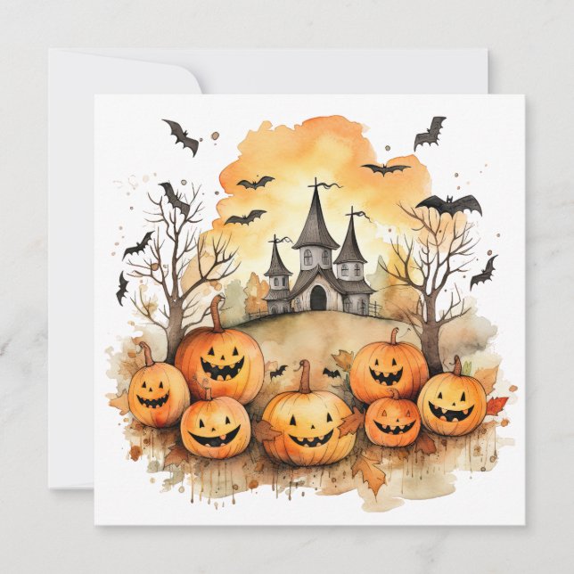 Funny Jack O’Lanterns Bats Halloween Card (Front)