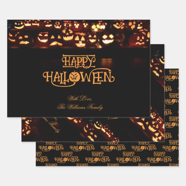 Funny Jack o'Lantern Pumpkins Happy Halloween Wrapping Paper Sheet (Set)