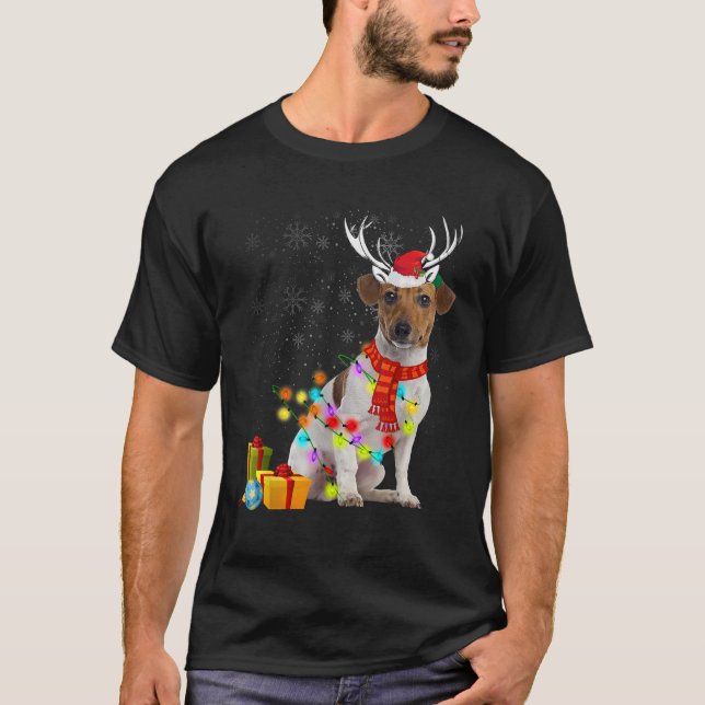 Funny Jack Russell Christmas Lights Reindeer Holid T-Shirt (Front)