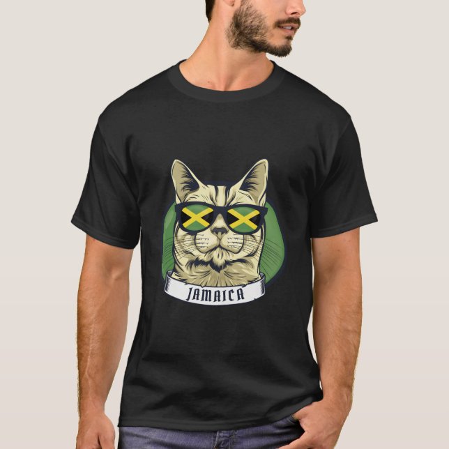 Funny Jamaican Cat With Sunglasses Jamaica Flag In T-Shirt (Front)