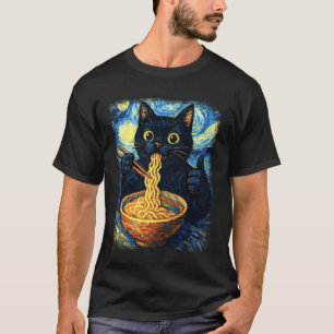 Funny Japanese Black Kawaii Cat Kitten Eating Rame T-Shirt