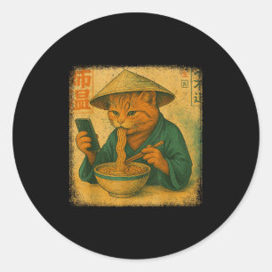 Funny Japanese Cat Eat Ramen And Scroll Phone Anim Classic Round Sticker