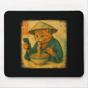 Funny Japanese Cat Eat Ramen And Scroll Phone Anim Mouse Mat
