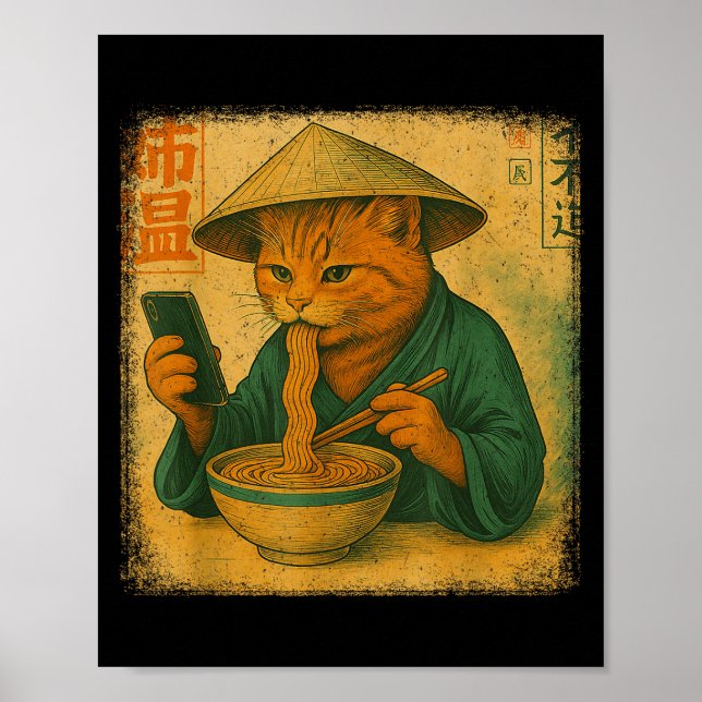 Funny Japanese Cat Eat Ramen And Scroll Phone Anim Poster (Front)