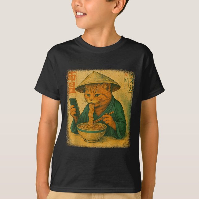Funny Japanese Cat Eat Ramen And Scroll Phone Anim T-Shirt (Front)
