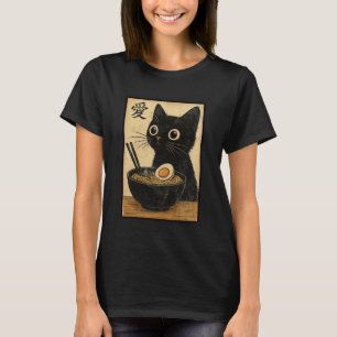 Funny Japanese Cat Eats Noodle Bowl Design for Cat T-Shirt