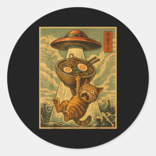 Funny Japanese Cat Ramen Ufo Anime Men Women Teens Classic Round Sticker