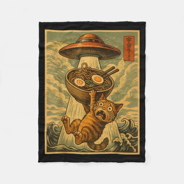 Funny Japanese Cat Ramen Ufo Anime Men Women Teens Fleece Blanket (Front)