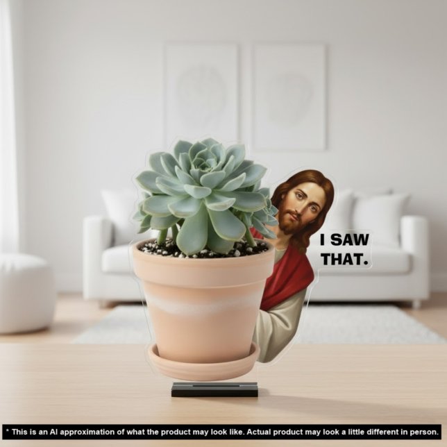 Funny Jesus I Saw That Humor Joke 2D Desk Statue Standing Photo Sculpture (funny Jesus I Saw That Table top Statue Sculpture humorous room decor. Succulent plant pot & Christ)