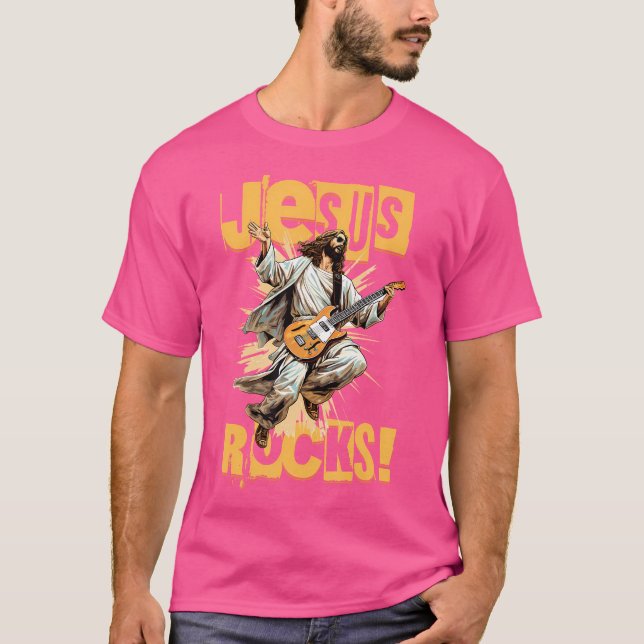 Funny Jesus Rocks Rocking Guitar Playing Jesus Chr T-Shirt (Front)