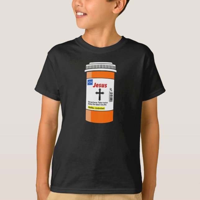 Funny Jesus Rx Prescription Bottle T-Shirt (Front)