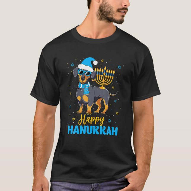 Funny Jewish Dachshund Menorah Happy Hanukkah T-Shirt (Front)