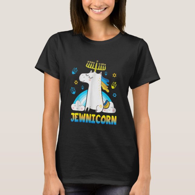 Funny Jewish Hanukkah Unicorn Menorah Jewnicorn T-Shirt (Front)
