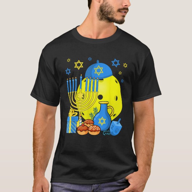Funny Jewish Pickleball Ball Menorah Happy Hanukka T-Shirt (Front)