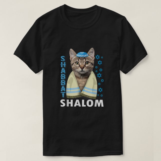 Funny Jewish Shabbat Shalom Cute Cat With Kippah  T-Shirt (Design Front)