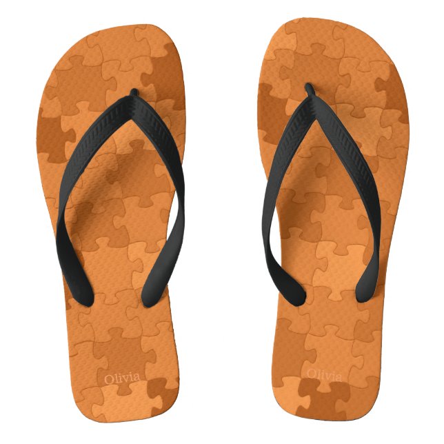 Funny Jigsaw Puzzle Pattern Add Name Brown Orange Flip Flops (Footbed)