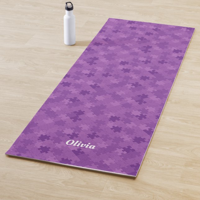 Funny Jigsaw Puzzle Pattern Add Name Modern Purple Yoga Mat (In Situ)