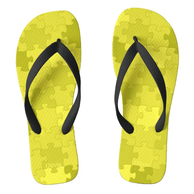 Funny Jigsaw Puzzle Pattern Add Name Yellow Green Flip Flops (Footbed)