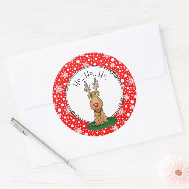 Funny Jingle This Red Nose Reindeer Dog Cute Classic Round Sticker (Envelope)