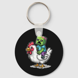 Funny Jockey Pixel Riding Chicken Jockey On A Chic Key Ring