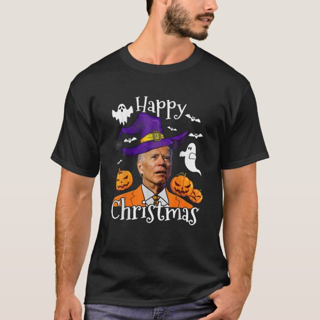 Funny Joe Biden Halloween Confused Happy Christmas T-Shirt (Front)