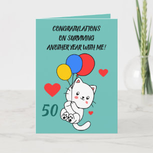 Funny Joke Balloon Cat Teal Sister 50th Birthday Card