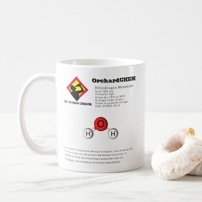 Funny Joke Dihydrogen Monoxide (H2O) Chemistry Coffee Mug (With Donut)
