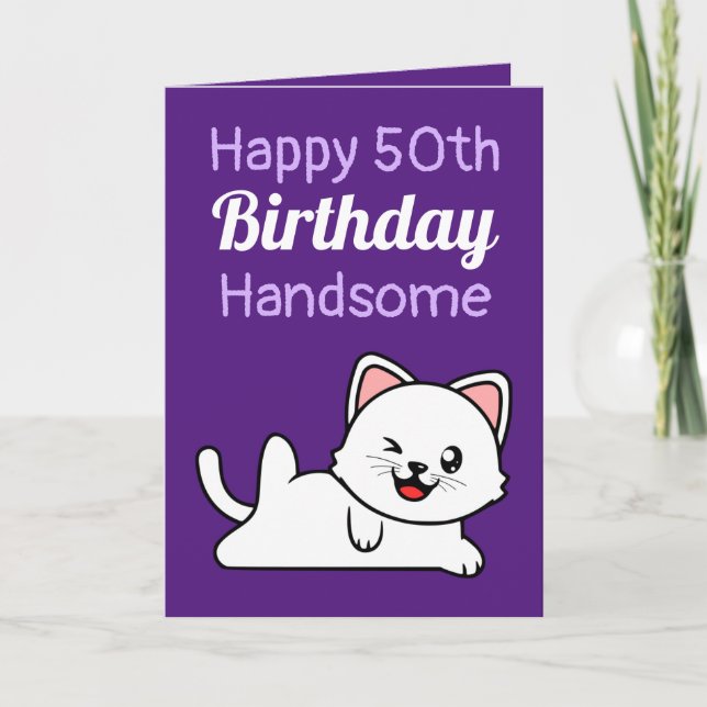Funny Joke Purple Cat Sister 50th Birthday Card (Front)