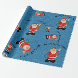 Funny Jolly Santa Claus Father Christmas Blue Wrapping Paper