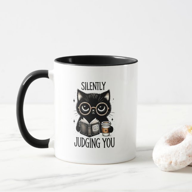 Funny judging cat word art  mug (With Donut)
